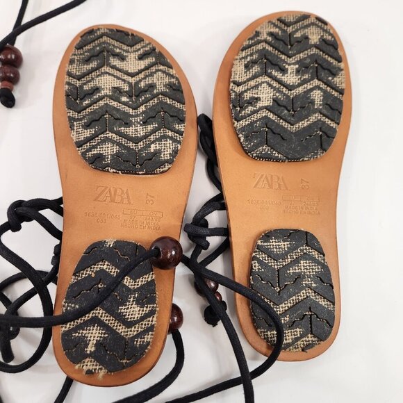 Zara Lace Up Flat Sandals Womens 37 India Black Tie-Up Wooden Bead Accents - Picture 5 of 9